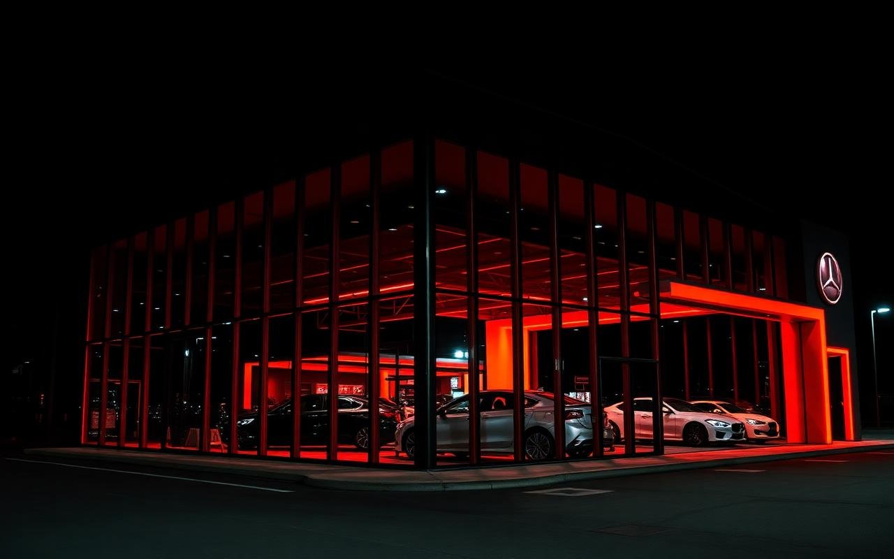 Crescent Line Motors dealership showroom at night
