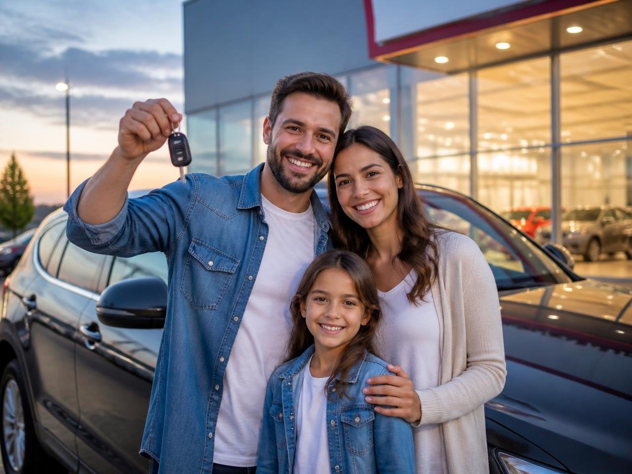 Family holding keys to their newly financed pre-owned vehicle