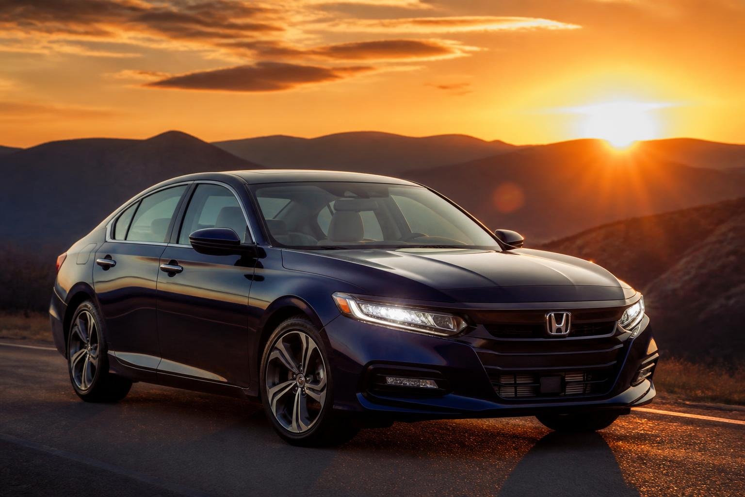 Pre-owned sedan on an open road at sunset